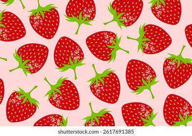Background featuring fresh red strawberries with green leaves. Ideal for food packaging, summer designs, advertising, or social media visuals.
