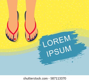 background feet in slippers on the background of the beach top view. Summer Time Background. Sunny Beach in Flat Design Style 