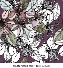 Background of feijoa flowers. Seamless pattern. Vector graphics.