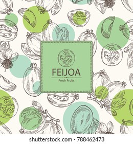 Background with feijoa fruit, leaves and feijoa slice. Vector hand drawn illustration.