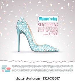 Background with a female blue high heels on a cream fond with glitters and confetti. Flowered shoes, stylish print. Advertising template for women's day, promotions and discounts, sales for stores.
