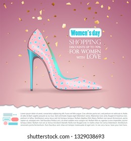 Background with female candy pink and turquoise high heels on pink fond with glitters, golden confetti. Flowered shoes. Advertising template for women's day, promotions and discounts, sales for stores