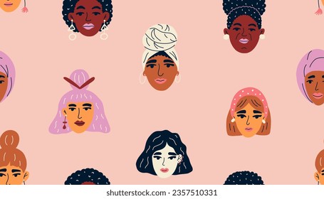 Background with female diverse faces of different ethnicity.  Vector seamless pattern. International Women s Day. 
