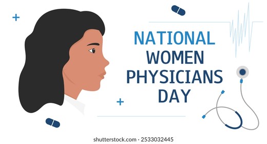 Background with female doctor. National Women Physicians Day. February 3. Design for medical banner greeting card, flyer, poster, presentation.