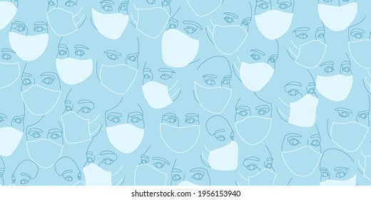 Background of female faces in protective medical masks drawn with one continuous line. Minimalistic abstract portraits of beautyful women. Modern fashion concept. In light blue colors
