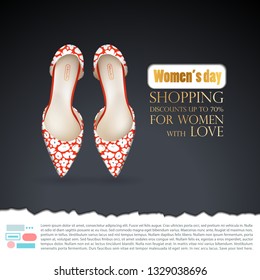 Background with female pair of red ballet shoes with white floral print on black fond. Advertising template for women's day, action and discounts in stores and shopping centers, online stores.