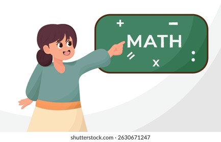 Background of female teacher character and blackboard, mathematics. Math modern flat style color vector illustration.