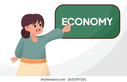 Background of female teacher character and blackboard, economy. Economic modern flat style color vector illustration.
