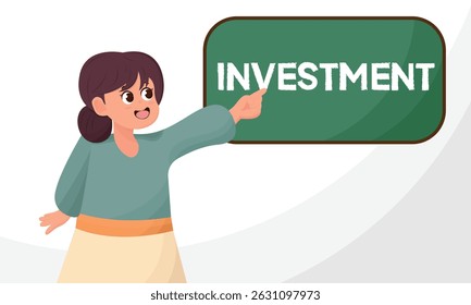 História da professora, personagem e quadro negro, finanças. Ilustração de vetor de cor de estilo plano moderno de investimento.