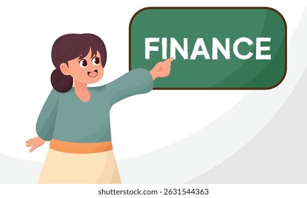 Background of female teacher character and blackboard, finance. Investment modern flat style color vector illustration.