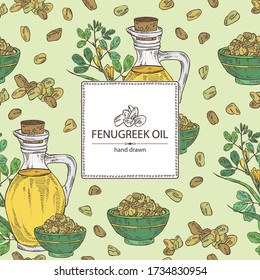 Fondo con hongo y botella de aceite de aguacate. Ilustración dibujada a mano por el vector