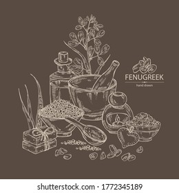 Background with fenugreek, fenugreek seeds and flowers, soap and bath salt . Cosmetic and medical plant. Vector hand drawn illustration. 