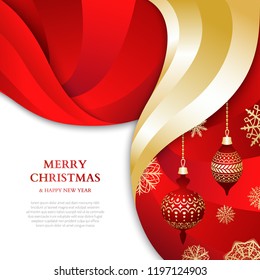 Background with festive balls and ribbons for New Year's design. Bright saturated colors.