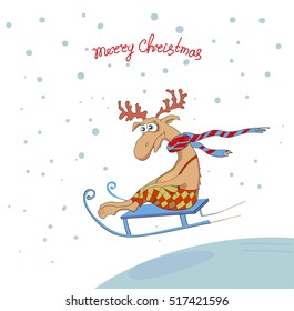The background is festive, a deer on sledge, animation image