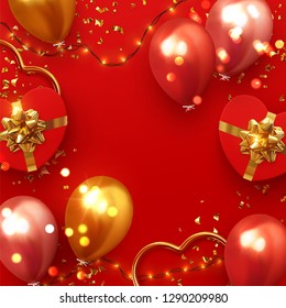 Background festive design of sparkling lights garland, realistic gifts box with heart shaped, red balloon and glitter gold confetti. Holiday poster, greeting cards, headers, website