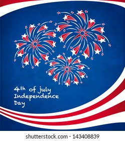Background with festive fireworks in honor of Independence day. Card for 4th July. Vector Illustration.