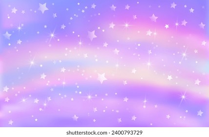 Antecedentes de un mágico cielo púrpura arcoíris con rayos de luz y estrellas brillantes.
Ilustración vectorial para el diseño de vacaciones.