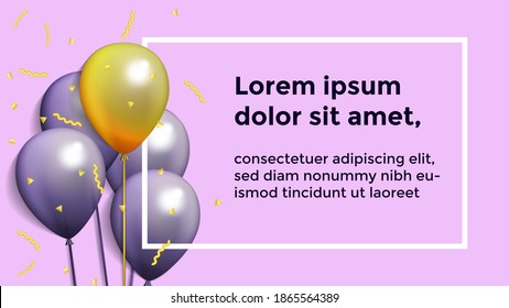 Background with Festive Realistic Balloons. Celebration Design with Balloon, Color Purple and Gold. Balloon Background with Gold Sparkles and Glitter Confetti. Celebrate, Party, Ceremony Template
