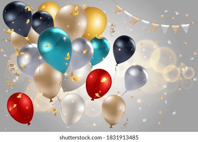 Background with festive realistic balloons with gold confetti. Celebration design with baloon, color red, green, white, silver, gold and black. 3d ralistic vector illustration. EPS 10