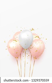 Background with festive realistic balloons with ribbon. Celebration design with baloon, color pink and white, studded with gold sparkles and glitter confetti. Celebrate birthday vector template