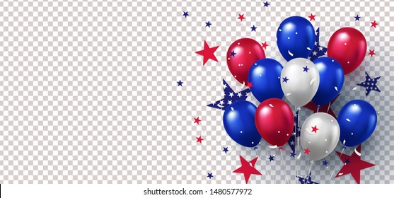 Background with festive realistic balloons with ribbon in national colors of the american flag and with stars pattern isolated on background. USA greeting banner for sale, discount, advertisement, web