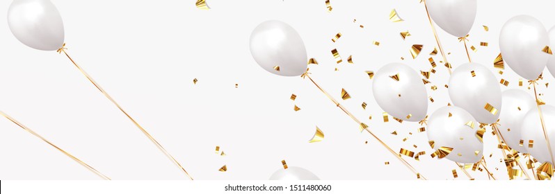 Background With Festive Realistic Balloons With Ribbon. Celebration Design With Baloon, Color White, Studded With Gold Sparkles And Golden Glitter Confetti. Celebrate Birthday Template