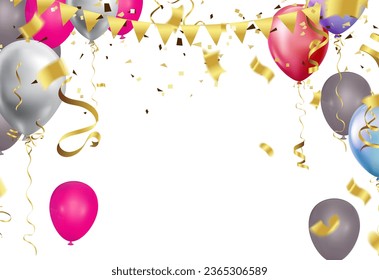Background with festive realistic balloons with ribbon. Celebration design with baloon studded with gold sparkles  Celebrate birthday template
