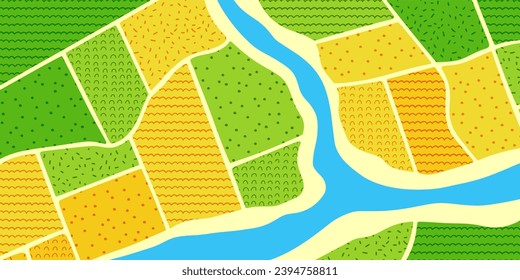 The background of the field. Illustration of a farm pattern. Fields, river, roads.