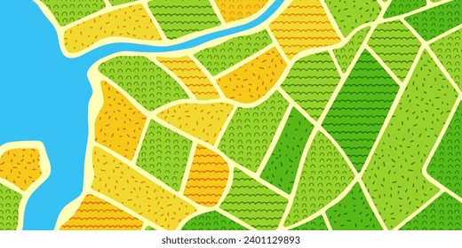 The background of the field. Illustration of a farm pattern. Fields, river, roads.