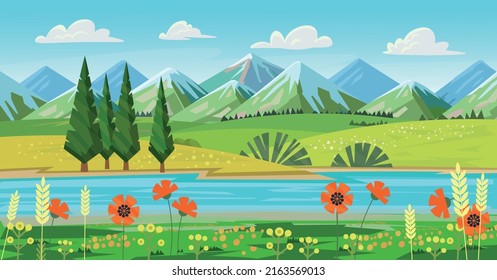 Background with fields and mountains, river or lake. landscape with hills, meadows, blue sky with white clouds.Vector banner for eco products.