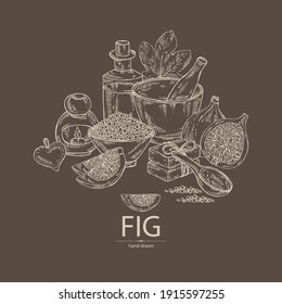Background with figs: fruit and piece of fig. Soap and bath salt . Cosmetic and medical plant. Vector hand drawn illustration. 