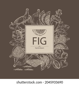 Fondo con higos: fruta y trozo de higo, jabón y sal de baño. Planta cosmética y médica. Ilustración dibujada a mano por vectores. 