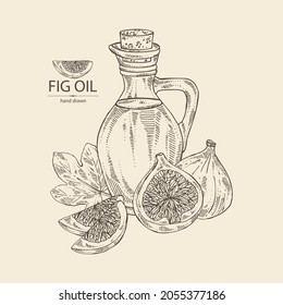 Background with figs: fruit and piece of fig, and bottle of fig oil. Vector hand drawn illustration