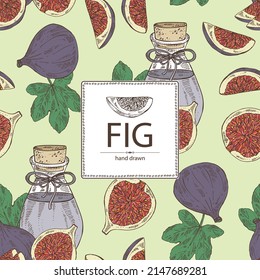 Background with figs: fruit, piece of fig and bottle of figs essential oil. Cosmetic, perfumery and medical plant. Vector hand drawn illustrate