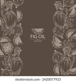 Fondo con higos: fruta y trozo de higo, y botella de aceite de higuera. Ilustración dibujada a mano por el vector