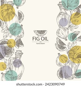 Background with figs: fruit and piece of fig, and bottle of fig oil. Vector hand drawn illustration