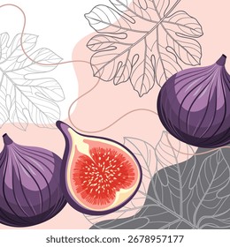 Background with figs and leaves. Composition of ripe figs on an abstract background. Card, banner, poster.