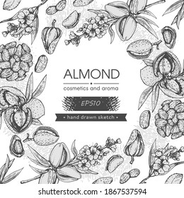 Background filled with Almond kernels of nuts and a branch of almonds with nuts, fruits, flowersand with empty circle inside.