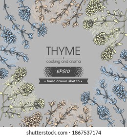 Background filled with twig of thyme with leaves and flowers and with empty circle inside.