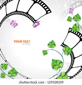 Background with film strip, leaves and butterflies