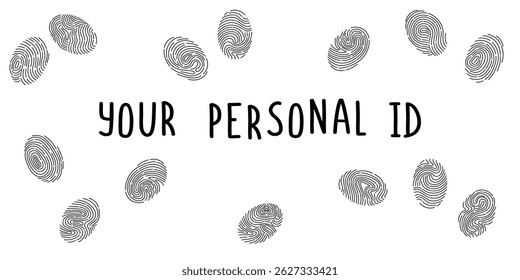 Plano de fundo com impressões digitais isoladas em branco. Conceito de identidade de identidade pessoal, identidade de toque única, investigação criminal. O conceito de autenticação. Banner desenhado à mão vetorial.