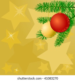 Background with fir branches and Christmas decorations, vector