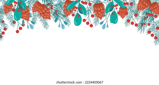 Background with fir branches, cones, red berries Merry Christmas and New Year 2023, greeting card, banner, poster, festive cover, template for text. Realistic winter vector for holiday decoration