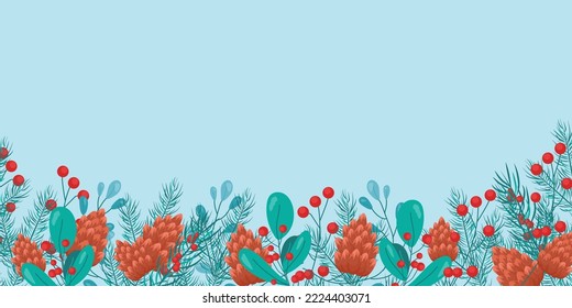 Background with fir branches, cones, red berries Merry Christmas and New Year 2023, greeting card, banner, poster, festive cover, template for text. Realistic winter vector for holiday decoration