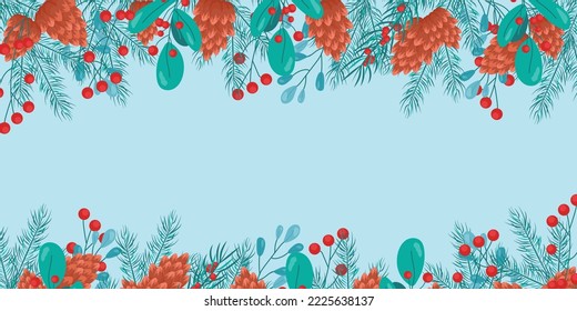 Background with fir branches, cones, red berries Merry Christmas and New Year 2023, greeting card, banner, poster, festive cover, template for text. Realistic winter vector for holiday decoration