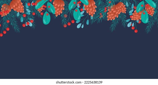 Background with fir branches, cones, red berries Merry Christmas and New Year 2023, greeting card, banner, poster, festive cover, template for text. Realistic winter vector for holiday decoration