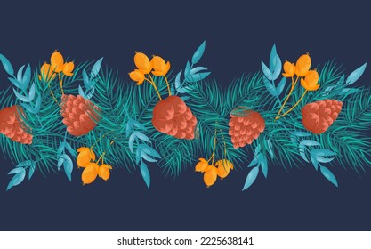 Background with fir branches, cones, red berries Merry Christmas and New Year 2023, greeting card, banner, poster, festive cover, template for text. Realistic winter vector for holiday decoration