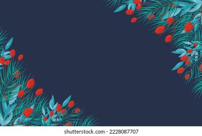 Background with fir branches, cones, red berries Merry Christmas and New Year 2023, greeting card, banner, poster, festive cover, template for text. Realistic winter vector for holiday decoration