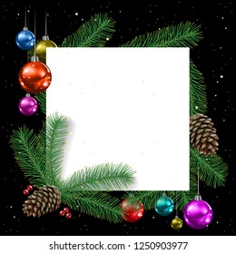 Сhristmas background with fir branches and decorations on black