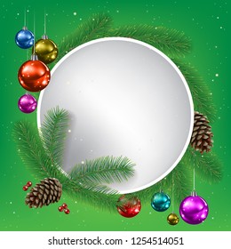 Сhristmas background with fir branches and decorations on green